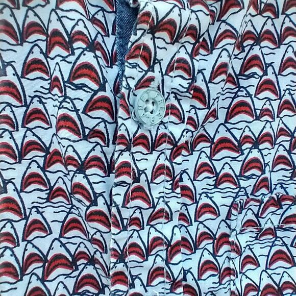 Boys Free Planet Shark Print Button Down Shirt Sz 6 White Palm Tree Short Sleeve - Picture 11 of 11